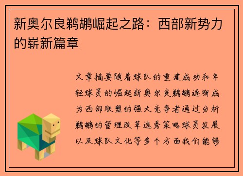 新奥尔良鹈鹕崛起之路：西部新势力的崭新篇章
