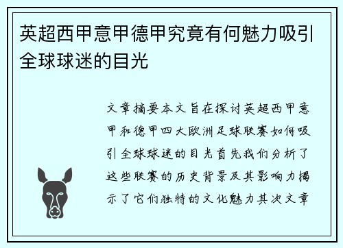 英超西甲意甲德甲究竟有何魅力吸引全球球迷的目光